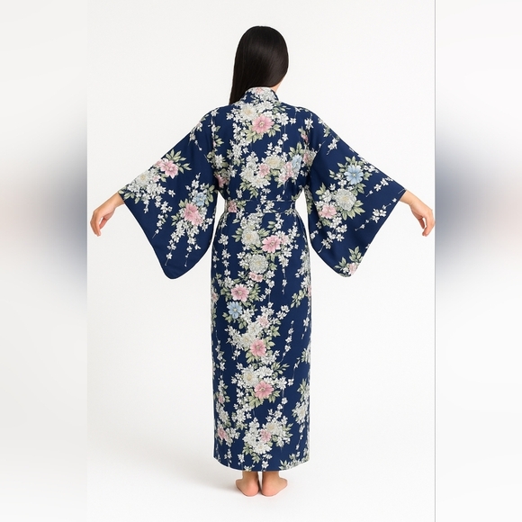 WOMEN'S YUKATA ROBE JAPANESE SUMMER KIMONO CHERRY BLOSSOM NAVY OS - Picture 3 of 13